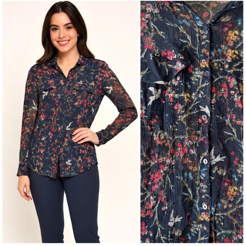 The Kooples silk Navy Floral Button Down Shirt  top